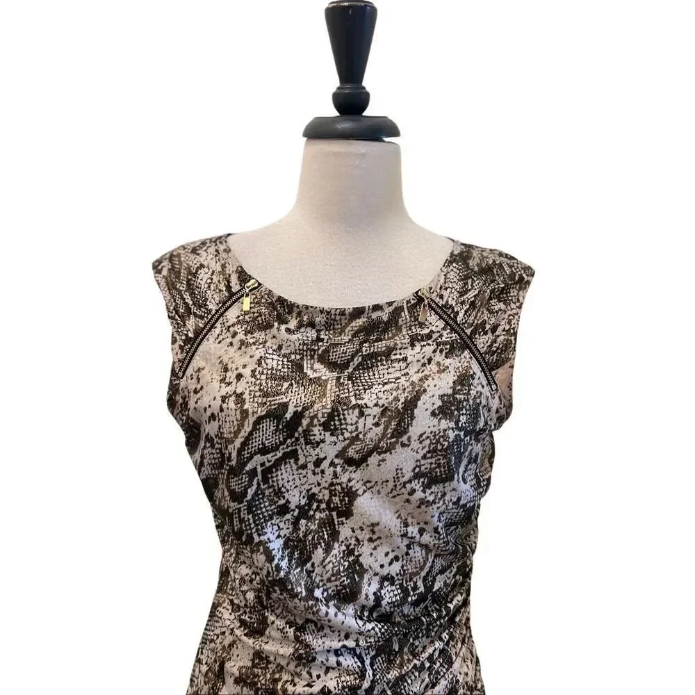 Cache Women's Snakeskin Sleeveless Metallic Sheath Dress Tan Black Size Medium